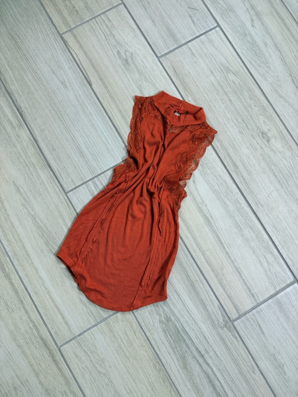 Free People Dale Mock Neck Lace Ribbed Tank Top Rust Orange Intimately FP Boho